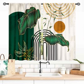 Green Boho Kitchen Curtains for Bedroom, Mid Century Modern Tropical Palm Leaves Minimalist Abstract Geometric Arch Bohemian Living Room Small Short Cafe Window Drapes Treatments 2 Panels, 55x39 Inch