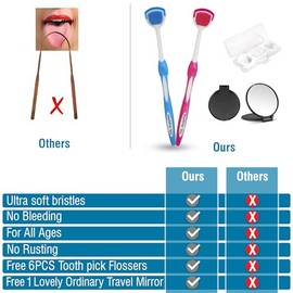 Raspador de lengua TGL Supplies para adultos (2 paquetes de raspadores de lengua con estuche + 6 paquetes de palillos de hilo dental + 1 hermoso espej