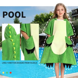 OLAOLA Dinosaur Hooded Kids Beach Towels, Soft Absorbent Kids Hooded Bath Towel Wrap for Boys Girls, Toddler Pool Swim Towel with Hood for Ages 3-12