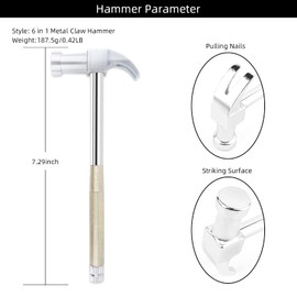 6 in 1 Hammer & Screwdriver Tool Multitool Set Claw Hammer with Non-Slip Handle Slotted / Flat Head Phillips Screwdriver Nail Puller Best Gift (Silver Yellow)