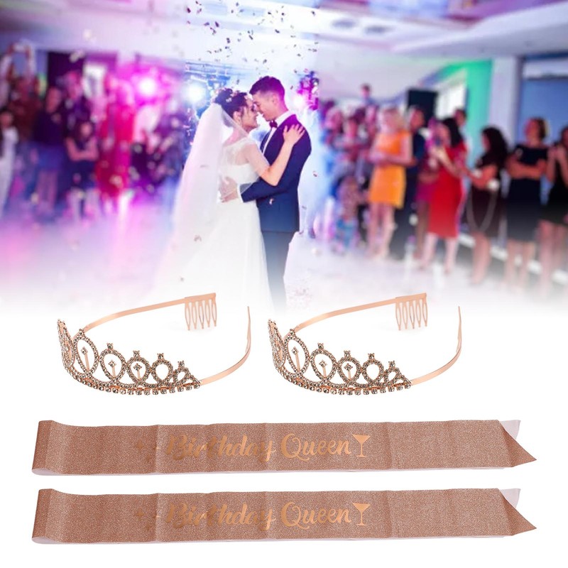 2 Sets Bridal Sash Rhinestone Tiara Kit Shiny Rose Gold