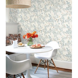 Guvana Blue/Beige/Red Leaf Peel and Stick Wallpaper, Vinyl/PVC, 16.14x197 inches, Botanical, Self-Adhesive, 22.08 sq.ft. per roll, Floral Leaf