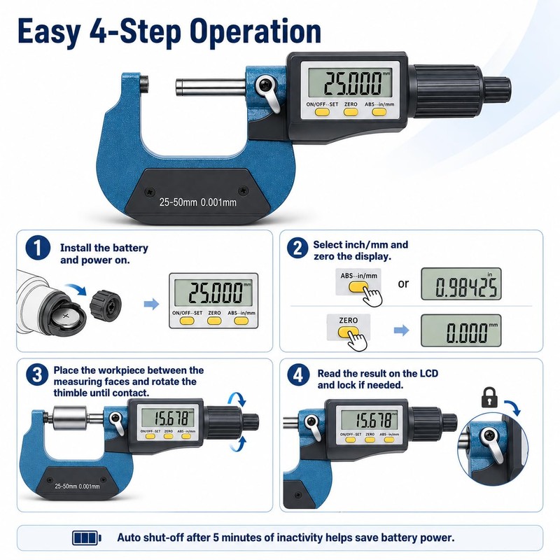 Digital Outside Micrometer, 25-50 mm/1-2 Inch LCD Micrometer
