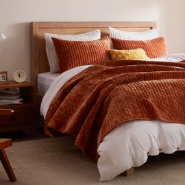 LEAONME Velvet Quilt Set Full/Queen Size 90''x98'', Lightweight Burnt Orange Velvet Comforter Set with 2 Matching Shams, Soft Cross Stitch Bedspread Coverlet Bedding Set for All Season