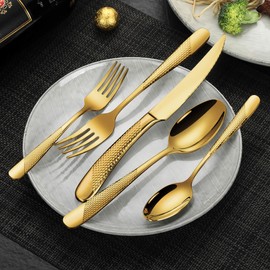 Lemeya 20-Piece Hammered Gold Silverware Set for 4 with Serrated Forging Knives,18/10 Stainless Steel Modern Flatware Set,Unique Cutlery Set Spoons and Forks Set,Mirror Polished,Dishwasher Safe