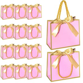 EQOREIIN 24 PCS Small Gift Bags with Handles,Pink Mini Bag,5.5x 2.5x4.7 Inches Small Thank You Gift Bags Bulk with Ribbon for Party Favors,Mother's Day, Goodie, Weddings,Baby Shower(Pink Gold)