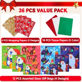 JOYIN 36 Pcs Christmas Bags with Tissue Papers and Tag, Assorted Sizes Set for Wrapping Xmas Holiday Presents, Thanksgiving Gift Decoration, Present Wrapping, School Classrooms, Party Favors