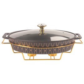 jinsongdafa Ceramic Casserole Dish with Glass Lid and rack, 1.7 Quart Serving Soup Tureen,Chafing Dish for Buffet, Family Food preserve Tray, Catering Casserole for Party Style,Black 14.2 Inch Oval