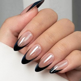 VOTACOS French Tip Press on Nails Medium Almond Fake Nails with Designs Black Chrome False Nail Glossy Stick on Nail for Women