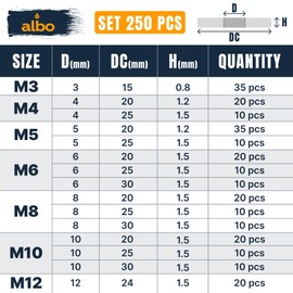 250 Pcs Stainless Steel Fender Washers Assortment Kit – Flat Washers Set for Screws & Bolts, 304 Stainless Steel, Assorted Sizes M3, M4, M5, M6, M8, M10 and M12 for Industrial & DIY Use