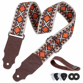 YIKOKO Guitar Strap, Head Layer Cowhide Leather End, 2 Inches Wide, for Acoustic and Bass Electric Guitars, Free Button, 2 Strap Locks and 4 Guitar Picks