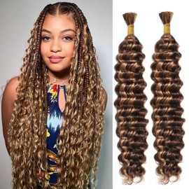 Human Braiding Hair for Boho Braids 4/27 Highlight Ombre Deep Wave Bulk Human Hair 110g 20 Inch Curly Wave Honey Blonde Human Hair Extensions No Weft 2 Bundles/Pack