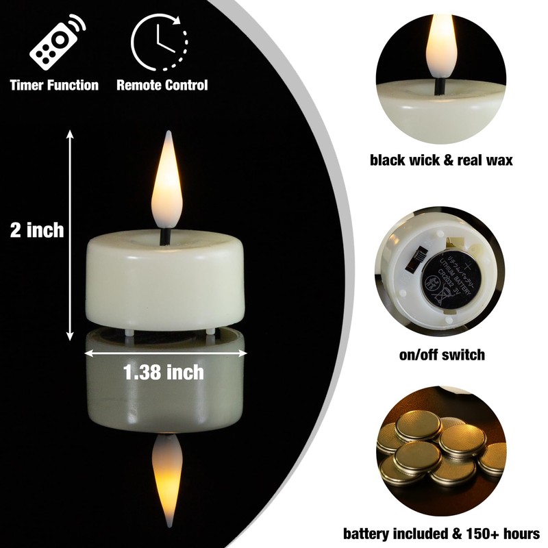 Eywamage Ivory Flameless Wax Tealights with Remote Batteries, Flickering Realistic
