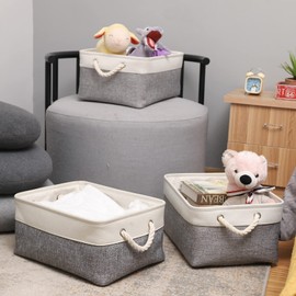 PWVMWM Small Fabric Storage Basket Set of 3, Waterproof Foldable Storage Baskets, Canvas Storage Boxes for Wardrobe, Bedroom, Office Products (Grey and White, 12.2x8.2x6.2inch)