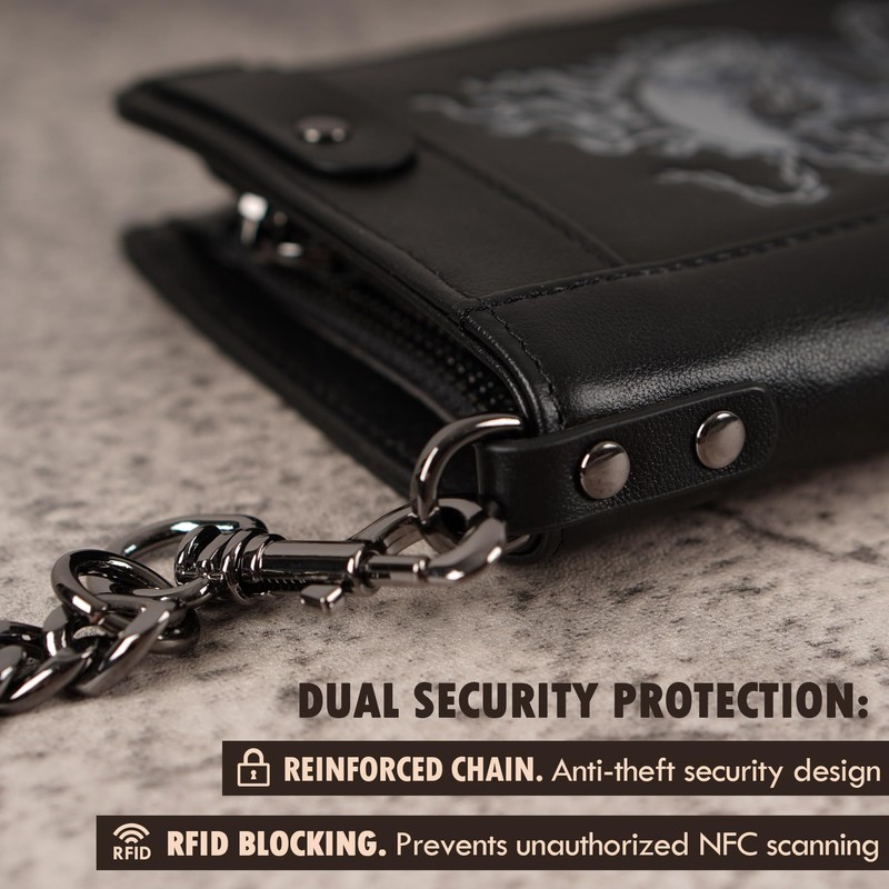 skneephate Mens Leather Wallet With Chain Skull Bifold Wallets Zipper