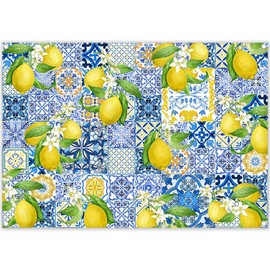 ZTHMOE Fabric 7x5ft Blue Tiles Lemon Floral Photography Backdrop Summer Fruit Picnic Background Baby Shower Party Decorations Dessert Photo Booth Banner