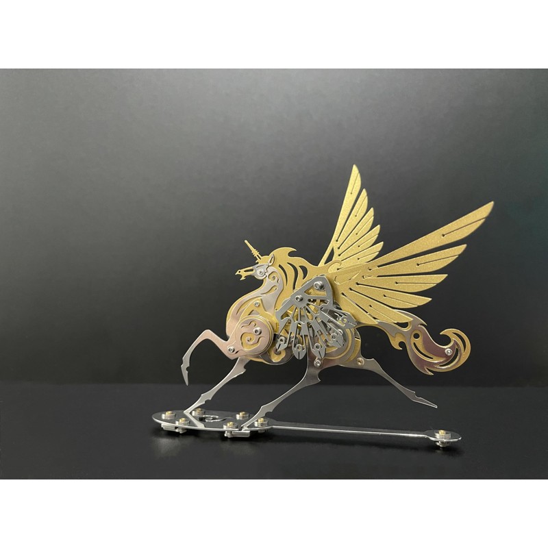 Decorative Metal Pegasus Unicorn Sculpture, Gold and Silver, Steampunk Style