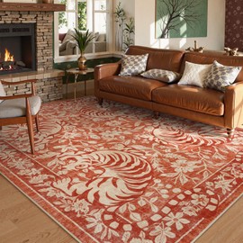 LIVEBOX Tiger Area Rug 5x7, Boho Washable Animal Print Rugs for Living Room, Non-Slip Botanical Floral Bedroom Rug, Vintage Soft Western Floor Carpet for Dining Room Home Office Dorm (Terracotta