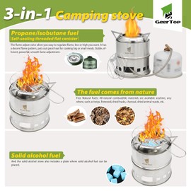 GEERTOP Small Portable Camping Stove Propane Wood Burning Stainless Steel Mini Solo Stove for Backpacking Hiking Outdoor Emergency Cooking