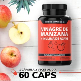 Vinagre de Manzana + Inulina de Agave | 60 Cápsulas de 500mg de Vinagre de Manzana + 100 mg de Inulina de Agave | Sin Azúcar | Suplemento Alimenticio
