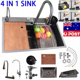 RemixOri 29.5x18 inch Stainless Steel Waterfall Kitchen Sink Single Bowl Pull Down Faucet - A:Sliver / 29.5x18in