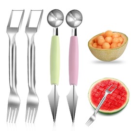 CHENYU Watermelon Cutter 4 Pieces Fruit Cutter 2-in-1 Fruit Tool Set Stainless Steel Melon Cutter Melon Cutter Balls Watermelon Fork Cutter for Kitchen Fruit Parties Camping