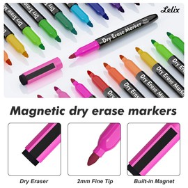 Lelix 15 Colors Dry Erase Markers, Magnetic Whiteboard Markers Fine Point with Eraser for Back to School, Office, Home Perfect for Writing on White Board, Dry Erase Board, Mirror, Glass