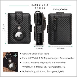 Will Fire® AirTag Wallet | Includes Airtag Pendant | Genuine Leather Wallet with Coin & Note Compartment | Extra Secured RFID Card Case | Space for up to (12) Cards | Strong Magnetic Closure, carbon,