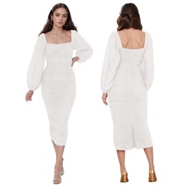 Mesh Midi Semi Formal Evening Dresses for Women Ruched Bodycon Slit Back Long Sleeve Going Out Club Dress M White