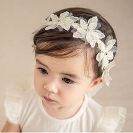 Kenjudess Baby Girl Headband White Lace Hairband Elastics Flower Head Wrap Hair Accessories Gift for Newborn Infant Toddlers Kids Baptism Shower Gift Birthday Wedding Party (Style 1)