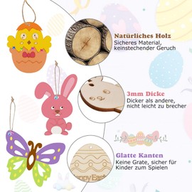 WOGOPRO Easter Crafts Wood, Pack of 264 Easter Decoration Crafts Children, Wooden Pendants Easter for Painting, DIY Pendant Easter Bunny Easter Eggs Chicks with Watercolour Pen, Rhinestones,