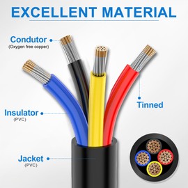 NAOEVO 18 Gauge Wire 4 Conductor Wire, 18 AWG 4 Core Stranded PVC Cable, Tinned Copper/Low Voltage 12V/Flexible Extension Cord for Automotive Trailer Wiring, Lamp Cord, Marine, RGB Cable (30FT)