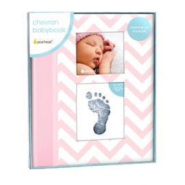 Pearhead Chevron Baby Memory Book with Clean Touch Ink Pad to Create Handprint or Footprint, French Version, Pink
