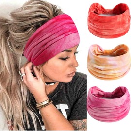 Wide Headbands for Women Fashion Boho Head Bands Pink Tie Dye Headwrap Elastic Yoga Sports Workout Hairbands Knotted Bandanas Soft Fabric Turban Hair Accessories for Teenage Girls (Style 14/16/24, 3 Pcs)