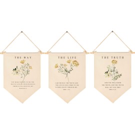 Christian Floral Flag Sign Gifts,The Way,The Truth,The Life,Bible Verse Wall Decor Gifts,Botanical Scripture-Canvas Hanging Pennant Flag Banner Wall Sign Decor Gift for Baby Boys Girls Kids-Set of 3