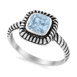 Bezel Solitaire Twisted Cable Oxidized Design Fashion Ring Princess Cut Simulated Aquamarine 925 Sterling Silver