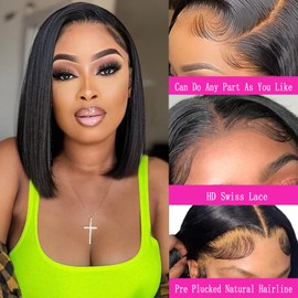 Bob Wig Human Hair 13x4 HD Straight Lace Front Wigs Human Hair Pre Plucked with Baby Hair for Black Woman 150% Density Wear and Go Glueless Bob Wigs Human Hair for Beginners(12, 1b#)