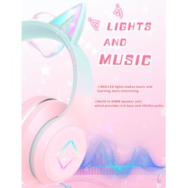 Bluetooth Kids Headphones,Cat Ear LED Light Up Kids Wireless Headphones,Bluetooth 5.1&Stereo Sound,Foldable,Adjustable Headband,Children Headphones with Microphone Over Ear for School/Tablet (Pink)