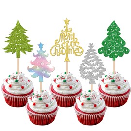 30 piezas de adornos para magdalenas de Feliz Navidad con purpurina para árbol de Navidad con temática de árbol de Navidad, Navidad, Año Nuevo, día festivo, baby shower, fiesta de cumpleaños, decoración de pasteles, suministros coloridos