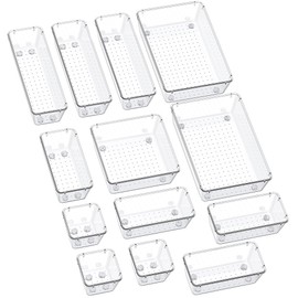 SMARTAKE 13-Piece Drawer Organizers with Non-Slip Silicone Pads, 5-Size Desk Bathroom Drawer Organizer Trays Storage Tray for Makeup, Jewelries, Utensils in Bedroom Dresser, Office and Kitchen, Clear