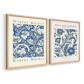 Renditions Gallery Set of 2 Peel & Stick Framed Prints, Abstract Wall Art, Winter Market William Morris Blue Flower Wall Decor, Re-stickable - for Ready to Hang - 16"x20" - Natural Frame GAL052