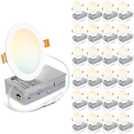 LVWIT 24 Pack Ultra-Thin Recessed Lighting 4 Inch with Junction Box, 800LM 2700K-5000K 5CCT LED Ceiling Lights, Dimmable Canless Wafer Downlight, ETL,FCC&IC, Smooth Trim