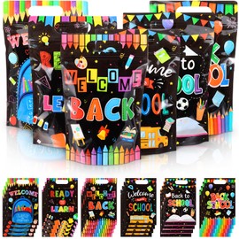 Kosiz 60 Pcs Back to School Gift Bags with Handles Plastic Welcome Back Sealing Candy Treat Goodie Cookie Bags Bulk for First Day of School Classroom Birthday Party Favors Supplies
