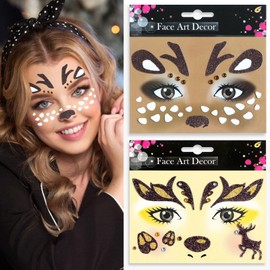 Cute Deer Face Stickers Christmas Reindeer Face Stickers Xmas Glitter Temporary Tattoos Animal Face Jewel Sticker Self-adhesive Face Art Stickers for Adult Sparkling Eye Face Tattoo Stickers for Xmas