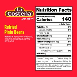 La Costeña Refried Pinto Beans - Ready-to-Eat Canned Refried Beans for Mexican Food, Mexican Rice, Nacho Bean Dip, Bean Burrito, Carne Asada, Fajita & Taco Seasoning - 20.5oz, 6 Pack Canned Food