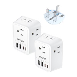 LENCENT 2X Adaptador de Viaje Enchufe UK, Cargador con 4 Salidas CA y 4 Puertos USB (2 USB-C), Convertidor de Enchufe Americano a Inglés Tipo G con Toma de Tierra, para Reino Unido, Irlanda, Hong Kong