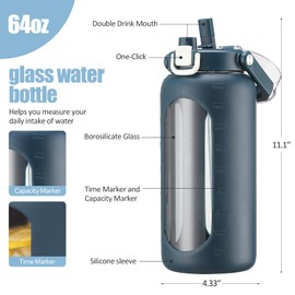 BLUEGO 64oz Glass Water Bottle with Handle and Straw, Motivational Sports Water Bottle with Time Marker and Silicone Sleeve Leakproof Drinking Bottle for Travel Gym Workout, Dark Blue