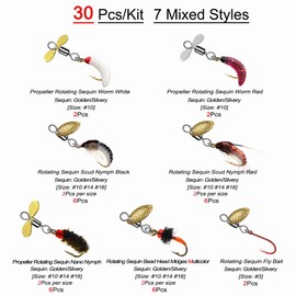 Qievcrme 24/30/46/54/127-Pieces Fly Fishing Files Kit #8-#16 Handmade Dry Wet Nymphs Streamers Fly Fishing Lures for Trout Salmon with Fly Box (30Pcs/Box(7 Mixed Styles/Rotating Sequin))