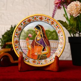 Marble Decorative Plate Traditional Indian Handpainted with Stand for Decoration Home Office Wedding Party Décor and Gifting (Lotus)