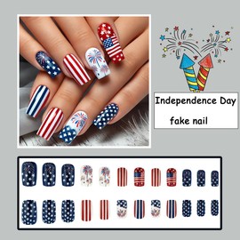 24Pcs Independence Day Press on Nails Square Medium Length, Flag Glossy Fake Nails, Natural Full Cover False Nails for Women July 4th American Flag Fireworks Stars Design Manicure Supplies